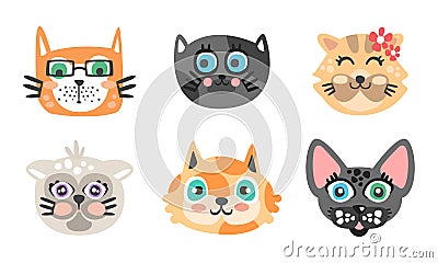 Cute Cartoon Cats Muzzle Vector Set. Animal Heads Collection Vector Illustration