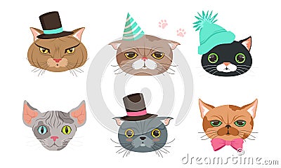 Cute Cartoon Cats Muzzle Vector Set. Animal Heads Collection Vector Illustration