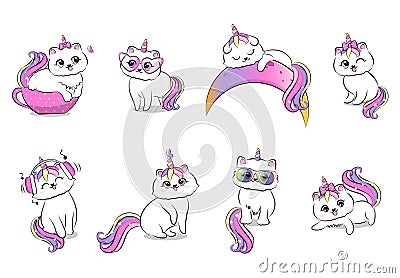 Cute cartoon cats with unicorn horn and tail set. Vector illustration. Vector Illustration