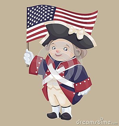 Cute cartoon character in Ameriacan IndependanceWar Patriot Cost Stock Photo