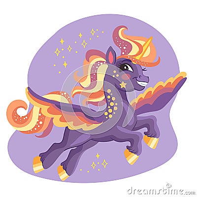 Cute cartoon character bright purple unicorn vector illustration Vector Illustration