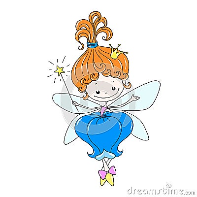 Cute cartoon character fairy. Flower fairy with a magic wand. Fairy in a floral dress. Mythical creature with wings. Stock Photo