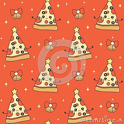 Cute cartoon character pizza slice christmas tree with star on top holiday seamless vector pattern background illustration Vector Illustration