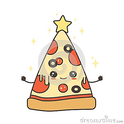 Cute cartoon character pizza slice christmas tree with star on top holiday vector flat illustration Vector Illustration