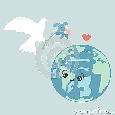Cute cartoon character planet erath and white dove with colorful daisy flowers vector peace illustration Vector Illustration