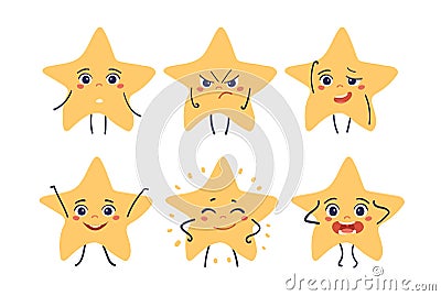 Cute cartoon character star with face, set of emoticons with emotions of joy, anger, confusion. Flat sticker isolated on Vector Illustration