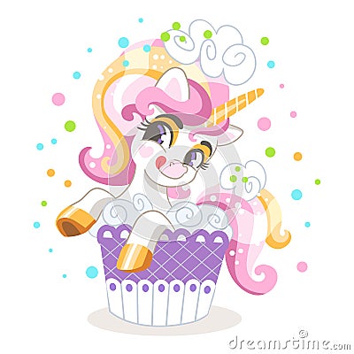Cute cartoon character sweet unicorn in a cake vector illustration Vector Illustration