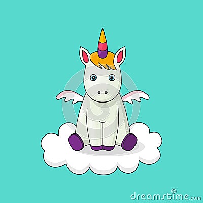 Cute cartoon character unicorn. Print for Baby Shower, little girl birthday, other holiday party. Greeting card template Vector Illustration