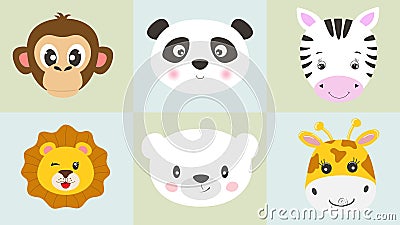 Cute cartoon characters animals monkey, panda, zebra, lion, bear, giraffe, kawaii flat style. Vector Illustration