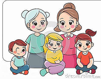 Cute cartoon characters family. Happy family, grandmother, mother and kids Cartoon Illustration