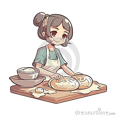 Cute cartoon chef baking bread Vector Illustration