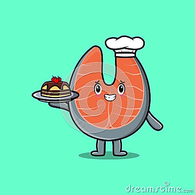 Cute Cartoon chef fresh salmon serve cake on tray Vector Illustration