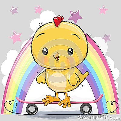 Cute Cartoon Chick with skateboard Vector Illustration