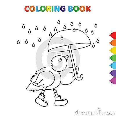 Cute cartoon chick with unbrella in a rainy day coloring book for kids. black and white vector illustration for coloring book. Vector Illustration