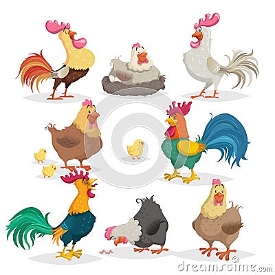 Cute cartoon chickens set. Roosters and hens in different poses. Little chicks. Farm birds and animals collection. Vector illustra Vector Illustration