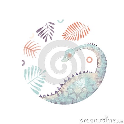 Cute cartoon childish set with illustration of colorful dinosaurs, doodles, palm leaves isolated on white background Cartoon Illustration