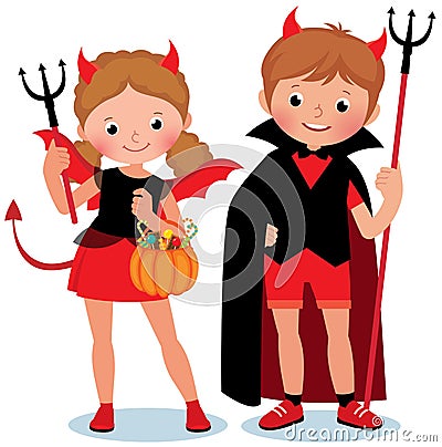 Cute cartoon children boy and girl in a holiday costume devil imp to Halloween vector illustration Vector Illustration