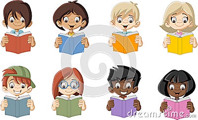 Cute cartoon children reading books. Vector Illustration