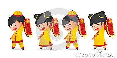 Cute cartoon Chinese New Year boy and girl having fun with firecracker, isolated on white. Vector Illustration