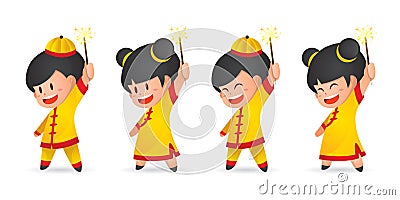 Cute cartoon Chinese New Year boy and girl having fun with sparklers, isolated on white. Vector Illustration