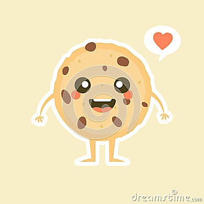 Cute cartoon chocolate chip cookie character with funny face. Cute happy cookie mascot vector illustration isolated on white. Kids Vector Illustration