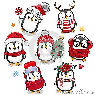 Cute cartoon Christmas Penguins on a white background Vector Illustration