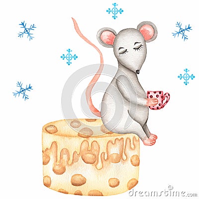 Cute cartoon christmas rat mouse christmas card with rat sitting on the cheese cake with cup. Watercolor hand drawn animal Cartoon Illustration