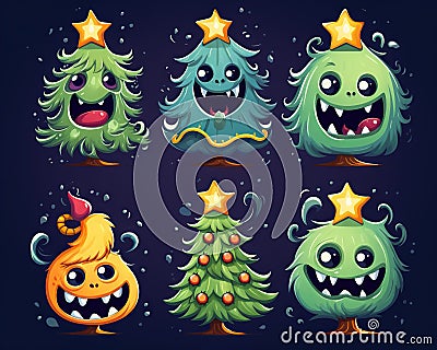 cute cartoon Christmas tree set. Stock Photo