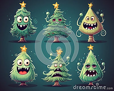 cute cartoon Christmas tree set. Stock Photo