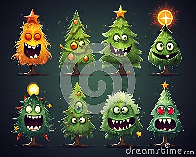 cute cartoon Christmas tree set. Stock Photo