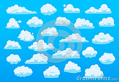 Cute cartoon clouds. Blue sky with cute cartoon cloud, nature white clouds, fluffy cloudscape heaven panorama white Vector Illustration