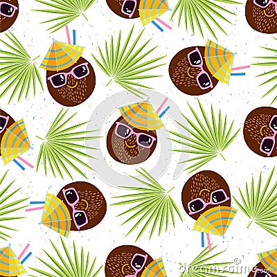 Cute cartoon coconuts and palm leaves. Seamless pattern on white. Vector. Perfect for design templates, wallpaper, wrapping, Stock Photo