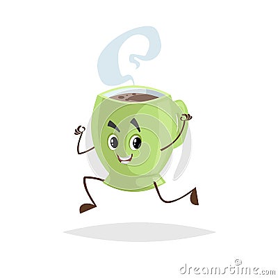 Cute cartoon coffee green cup character running. Humanized mug with hot beverage. Morning breakfast mascot. Strong taste hot drink Vector Illustration