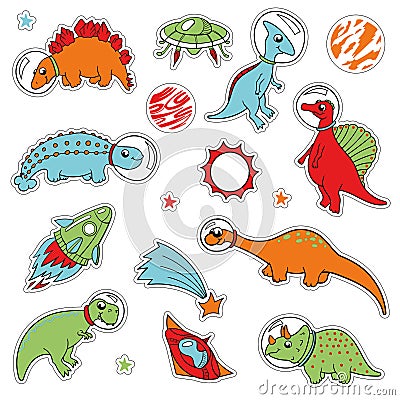 Cute cartoon colored variety of dinosaurs astronauts stickers with outline for cutting, vector. Tyrannosaurus, Diplodocus, Stock Photo