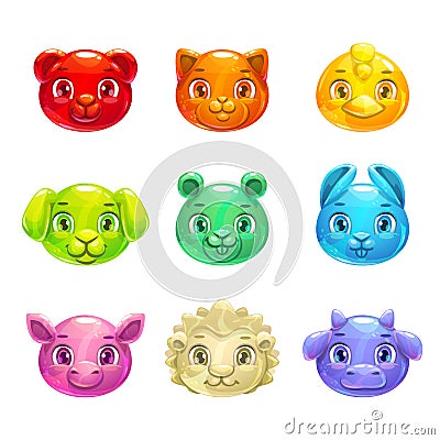 Cute cartoon colorful jelly animals faces. Vector Illustration