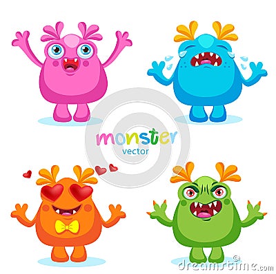 Cute Cartoon Colorful Monsters Emotions, Happy, Angry, Crying And Love. Vector Illustration