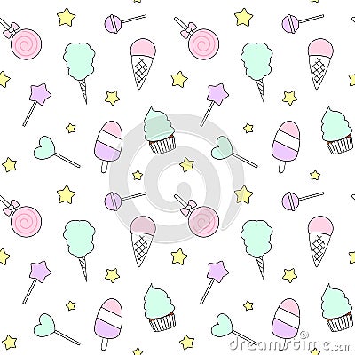 Cute cartoon colorful seamless pattern with candies, ice cream, lollipop and cotton candy Vector Illustration