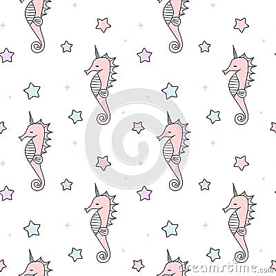 Cute cartoon colorful unicorn seahorse seamless pattern background illustration Vector Illustration