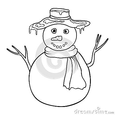 cute cartoon coloring snowman. Coloring book or page with snowman. Outline snowman isolated on white background. black and white Cartoon Illustration