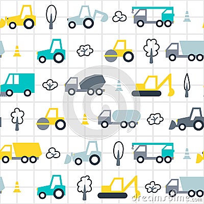 Cute cartoon construction cars seamless pattern Vector Illustration