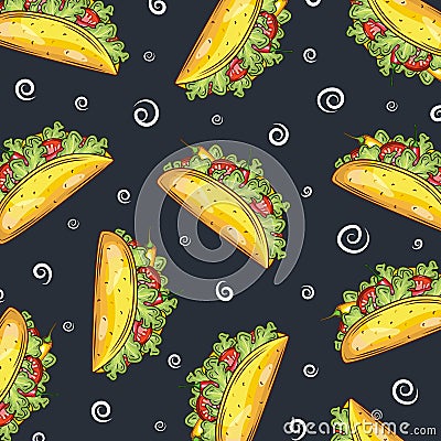 Cute cartoon contrast vector mexican tacos background. Nice bright fastfood pattern for textile, cafe and restaurant Vector Illustration