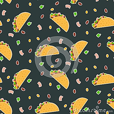 Cute cartoon contrast vector tacos pattern on dark background Vector Illustration