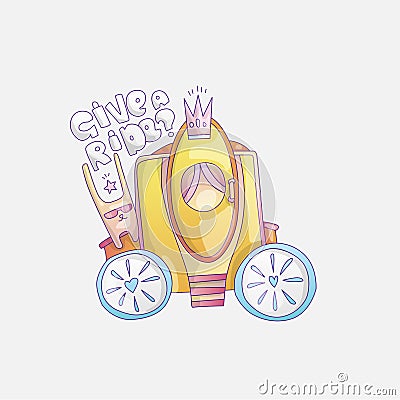 Cute cartoon cool brougham vector illustration with rabbit and Give a ride lettering. Gold princess brougham, magic Vector Illustration