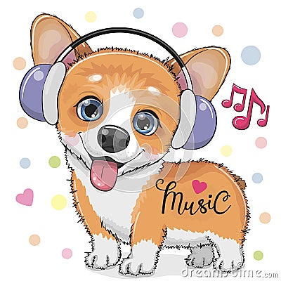 Cute cartoon Corgi Dog with headphones Vector Illustration