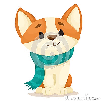 Cute cartoon Corgi puppy with a turquoise scarf around his neck. Vector illustration on a white background. Vector Illustration