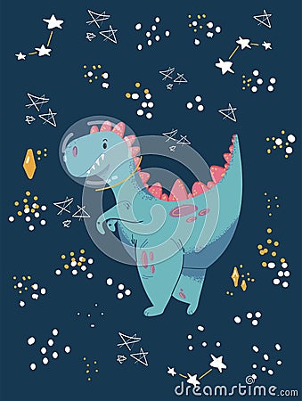 Cute cartoon cosmo little dinosaur - vector illustration. Cute simple dino night sky, stars -Great for designing baby clothes Vector Illustration