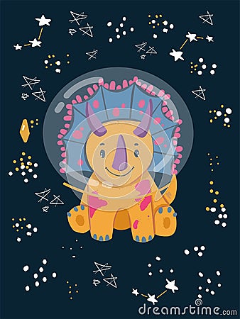 Cute cartoon cosmo little dinosaur - vector illustration. Cute simple dino night sky, stars -Great for designing baby clothes Vector Illustration