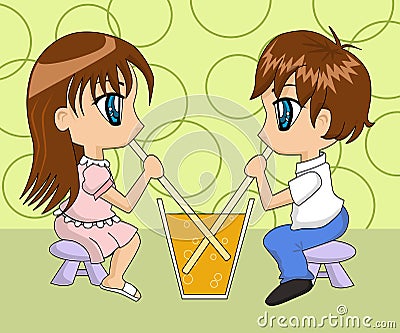 Cute Cartoon Couple Drinking Vector Illustration