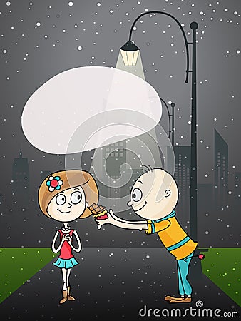 Cute cartoon couple for Happy Valentines Day celebration. Stock Photo