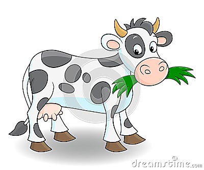 Cute cartoon cow eating grass Vector Illustration